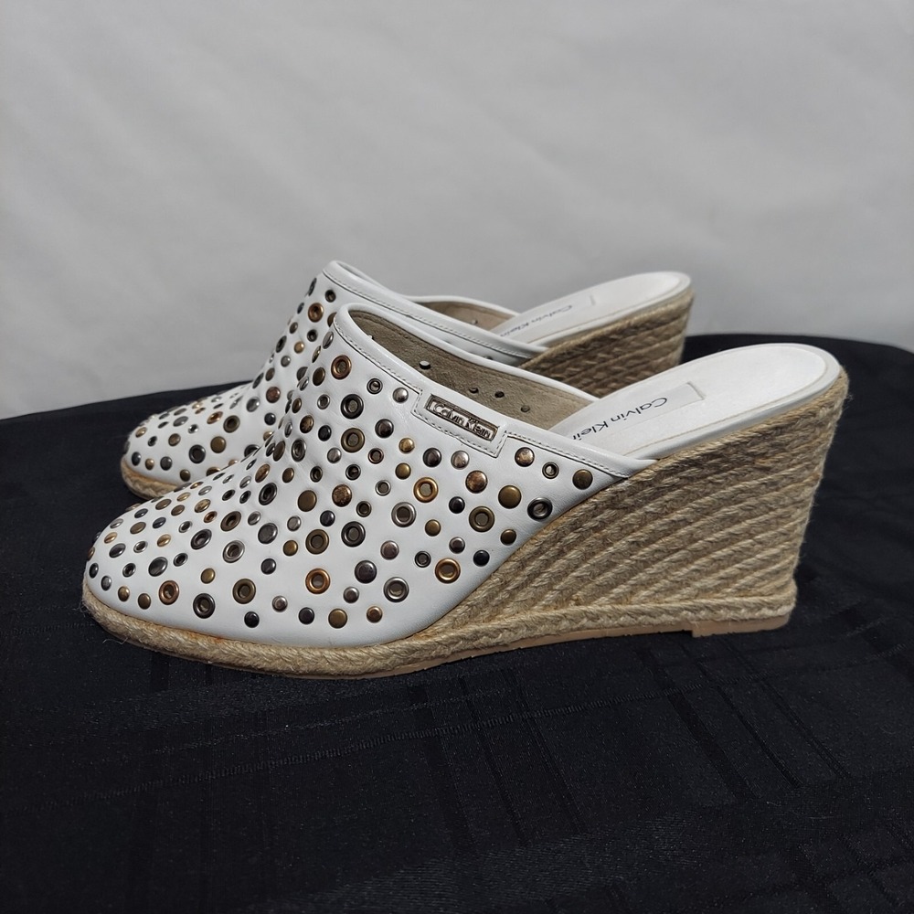 Calvin Klein Women's Wedge Espadrille Clogs White Studded Riveted Size 9.5M‎